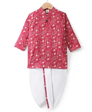 Teentaare Cotton Woven Full Sleeves Kurta & Dhoti Set With Floral Print - Red & White