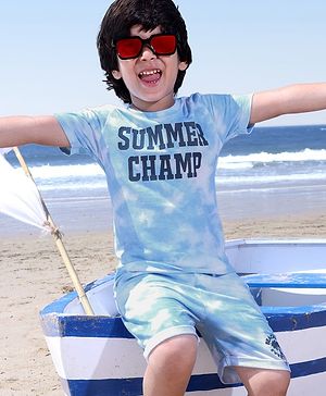 Babyhug 100% Cotton Single Jersey Knit Half Sleeves Tie Dye T-Shirt and Shorts Set Text Print - Light Blue