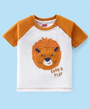 Babyhug 100% Cotton Knit Raglan Sleeves T-Shirt With Lion Graphic & Applique Detailing - White