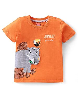 Babyhug 100% Cotton Knit Half Sleeves T-Shirt with  Hippopotamus Graphics & Applique - Orange