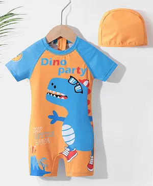 Kookie Kids Half Sleeves  Legged Swimsuit with Cap Dino Print - Orange