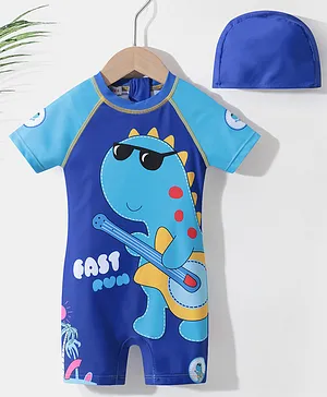 Kookie Kids Half Sleeves Legged Swimsuit with Cap Dino Print - Blue