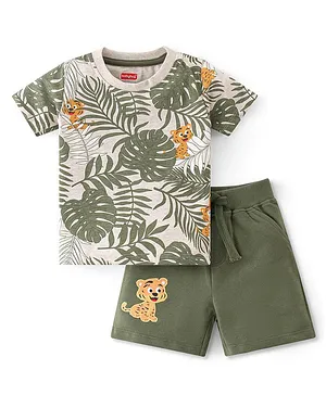 Babyhug Cotton Blend Knit Half Sleeves T-Shirt & Shorts Set Jungle Safari Theme - Multicolor & Green