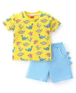 Babyhug Cotton Knit Half Sleeves Dino Printed T-Shirt & Shorts - Yellow & Light Blue