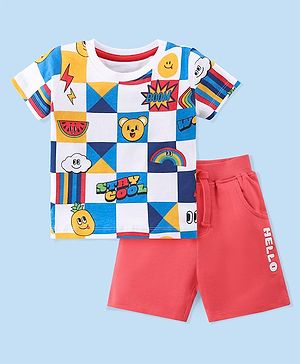 Babyhug 100% Cotton Single Jersey Knit Half Sleeves T-Shirt & Shorts Set Checks & Bear Print - Multicolor & Red