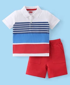 Babyhug Single Jersey Knit Half Sleeves Striped Polo T-Shirt & Shorts - White Blue & Red