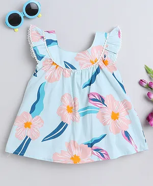 MANET  100% Cotton Cap Sleeves Floral  Printed Dress -  Light Blue