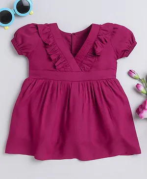 MANET  Half  Puff Sleeve Frill Detailed  Solid Dress - Dark Pink
