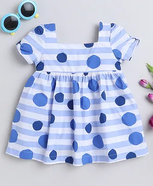 MANET Half Sleeves Rugby Striped & Polka Dots Printed Fit & Flare Dress - Blue