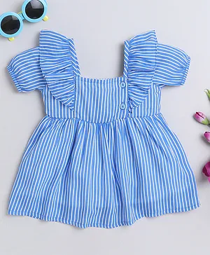 MANET Half Sleeves Frill Detailed Pencil Striped Fit & Flare Dress - Sky Blue