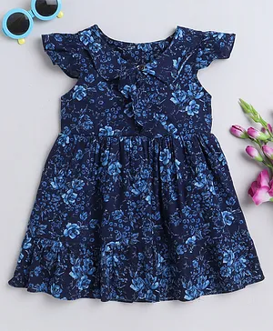 MANET Cap Sleeves Seamless Floral Printed Frill Bodice Detailed Fit & Flare Dress - Navy Blue