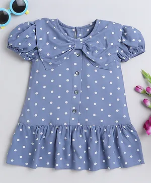 MANET Half Puffed Sleeves Bow Detailed Polka Dots Printed Tiered Dress - Blue