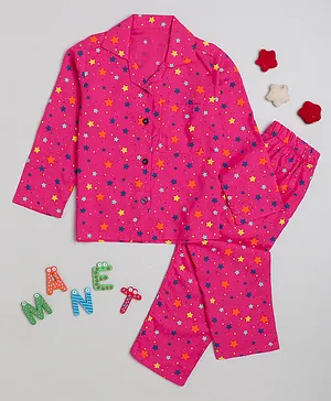 MANET 100% Cotton Full Sleeves Star Printed Shirt With Coordinating Pajama Night Suit Set - Pink