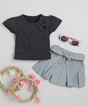 MANET Girls 100% Cotton Half Sleeves Polka Printed & Bow Embellished  Top & Skirt Set - Black & Grey