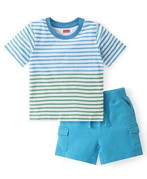 Babyhug 100% Cotton Knit Single Jersey Half Sleeves T-Shirt & Shorts Striped - Blue & White