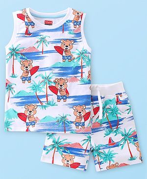 Babyhug 100% Cotton Knit Single Jersey Sleeveless T-Shirt & Shorts With Teddy Print - White Blue & Red