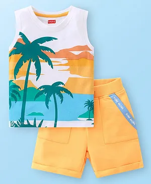 Babyhug Cotton Knit Single Jersey Sleeveless T-Shirt & Shorts With Beach Theme Print - Yellow