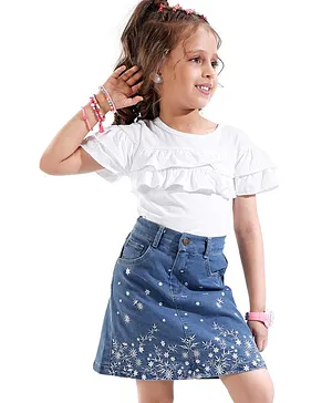 Ollington St. 100% Cotton Half Sleeves Top & Denim Skirt With Floral Embroidery - White & Indigo