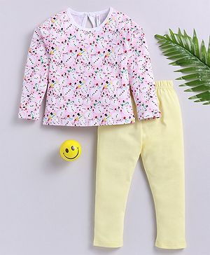 TOONYPORT Full Sleeves Snowman Printed Top With Pajama  Set - Pink & Yellow