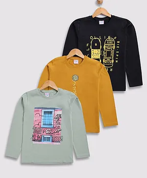 TOONYPORT Pack Of 3 Full Sleeves Text & Abstract Printed Tees - Green Yellow & Black