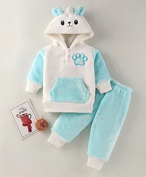 Mom's pet Fur Full Sleeves Colour Blocked & Paw Embroidered  Hoodie & Joggers Winter Set - Blue