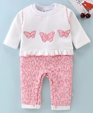Mom's pet Full Sleeves Frill Detailed Butterfly Embroidered & Leopard Printed Winter Wear Blended Romper - Pink