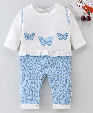 Mom's pet Full Sleeves Frill Detailed Butterfly Embroidered & Leopard Printed Winter Wear Blended Romper - Blue