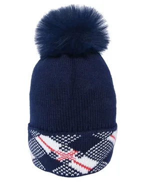 CrayonFlakes Abstract Design & Pom Pom Detailed Woolen Cap - Navy Blue