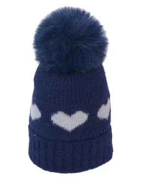 CrayonFlakes  Heart Design & Pom Pom Detailed Woolen Cap - Navy Blue
