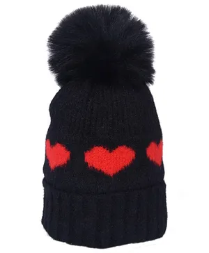 CrayonFlakes  Heart Design & Pom Pom Detailed Woolen Cap - Black