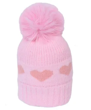 CrayonFlakes  Heart Design & Pom Pom Detailed Woolen Cap - Pink