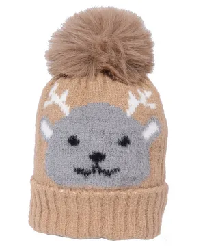 CrayonFlakes Reindeer Face Design & Pom Pom Detailed  Woolen Cap - Brown