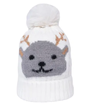CrayonFlakes Reindeer Face Design & Pom Pom Detailed  Woolen Cap - White