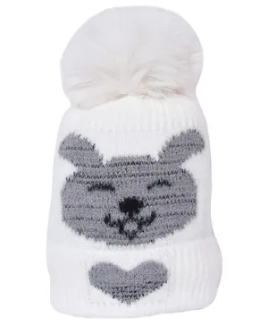 CrayonFlakes Animal Face & Pom Pom Detailed Woolen Cap - White