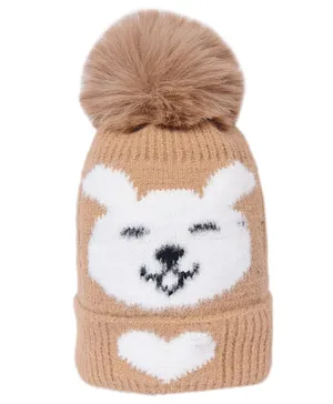 CrayonFlakes Animal Face & pom Pom Detailed Woolen Cap - Brown