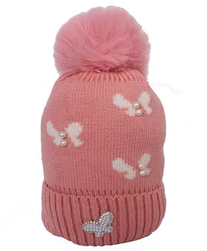 CrayonFlakes Pearl Embellished & Pom Pom Detailed Woolen Cap - Peach
