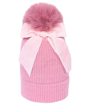 CrayonFlakes Bow & Pom Pom Detailed Woolen Cap - Pink