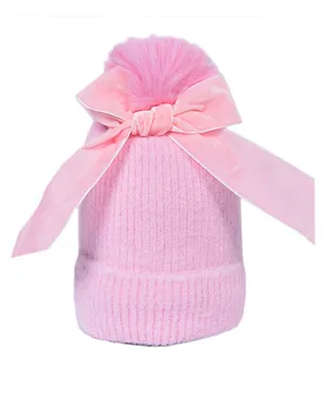 CrayonFlakes Bow & Pom Pom Detailed Woolen Cap - Light Pink