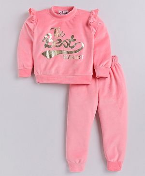 M'andy  Full Sleeves  The Best Never Rest Text Foil Printed Velvet Jogger Set -  Peach