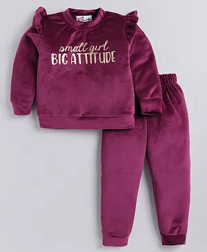 M'andy  Full Sleeves  Small Girl Big  Attitude Text Foil Printed Velvet Jogger Set - Wine Purple