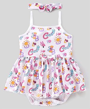 Babyhug 100% Cotton Interlock Knit Sleeveless Onesies With Hairband & Butterfly Print - White