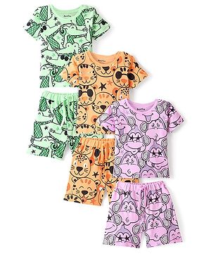 Bonfino 100% Cotton Knit Half Sleeves Night Suit Monkey Print Pack Of 3 - Lavender Green & Orange
