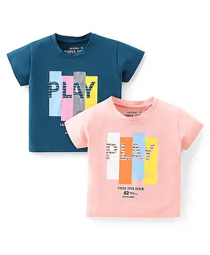 Dapper Dudes Pack Of 2 Half Sleeves Placement Play Text Printed Tees - Peach & Navy Blue