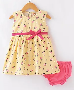 Dew Drops Cotton Sinker Woven Sleeveless Frock With Bloomer Floral Print - Yellow & Pink