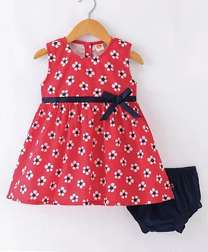Dew Drops Sinker Sleeveless Frock with Bloomer With Floral Print - Red & Black