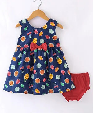 Dew Drops Sinker Sleeveless Frock with Bloomer With Bow Applique Fruit Print - Navy Blue