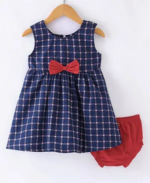Dew Drops Sinker Sleeveless Frock with Bloomer Checked With Bow Applique - Blue & Red
