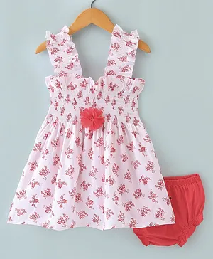 Dew Drops Cotton Sinker Woven Sleeveless Smoked Frock With Bloomer Floral Print - Red & White