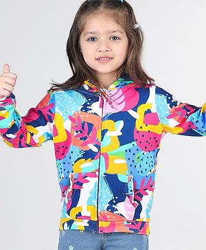 Babyhug 100% Cotton Knit Full Sleeves Front Open Hooded Sweatjacket with Zipper & Tropical Print - Multicolor