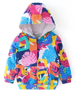 Babyhug 100% Cotton Knit Full Sleeves Front Open Hooded Sweatjacket with Zipper & Tropical Print - Multicolor